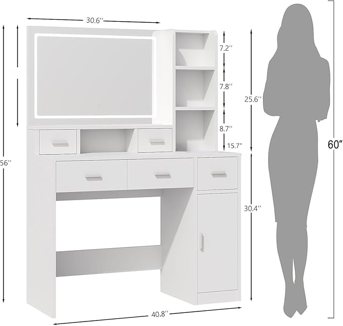 Vanity Desk with Mirror and Lights, Vanity with Soft and Non-Dazzling Lighting,Makeup Vanity with Drawers for Bedroom Dressing Room, Women Girls (White)