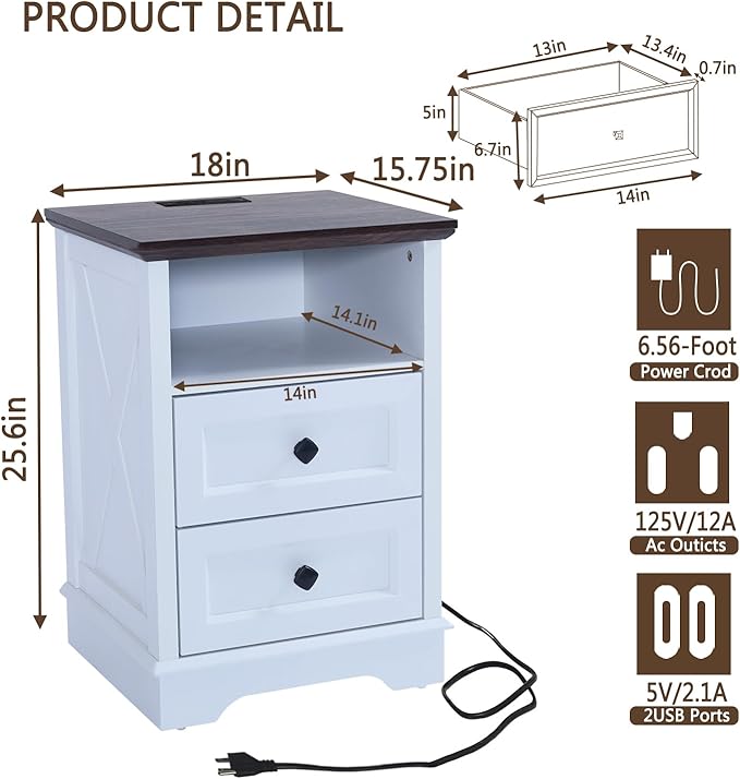 Farmhouse 2 Drawers Dresser for Bedroom, Rustic Small Chest of Drawers with Charging Station, Wood End Table with Open Shelf, White Modern Nightstand for Bedroom, Living Room, Entryway