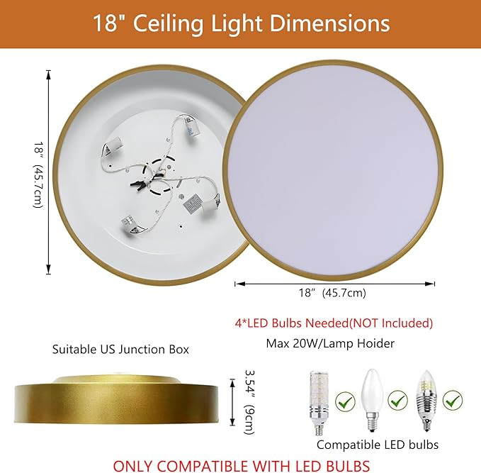 Modern Gold Flush Mount Ceiling Light 18 Inch, 4-Lights Round Ceiling Light, Minimalistic Ceiling Lamp Acrylic Shade Lighting Fixture for Bedroom Laundry Room Bathroom Hallway