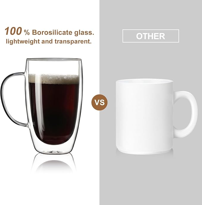 Aurzen 2 Pack Double Walled Glass Coffee Mugs with Handles, Large Insulated Layer Coffee Cups, 15oz Clear Borosilicate Mugs, Perfect for Cappuccino, Tea, Microwave Safe