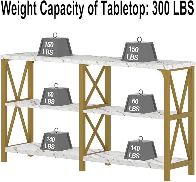 IBF Modern 3 Tier Entryway Table, Industrial Metal Wood TV Console Table with Storage Shelves, Farmhouse White Faux Marble and Gold Sofa Accent Table for Hallway Entry Way Foyer Living Room, 55 Inch