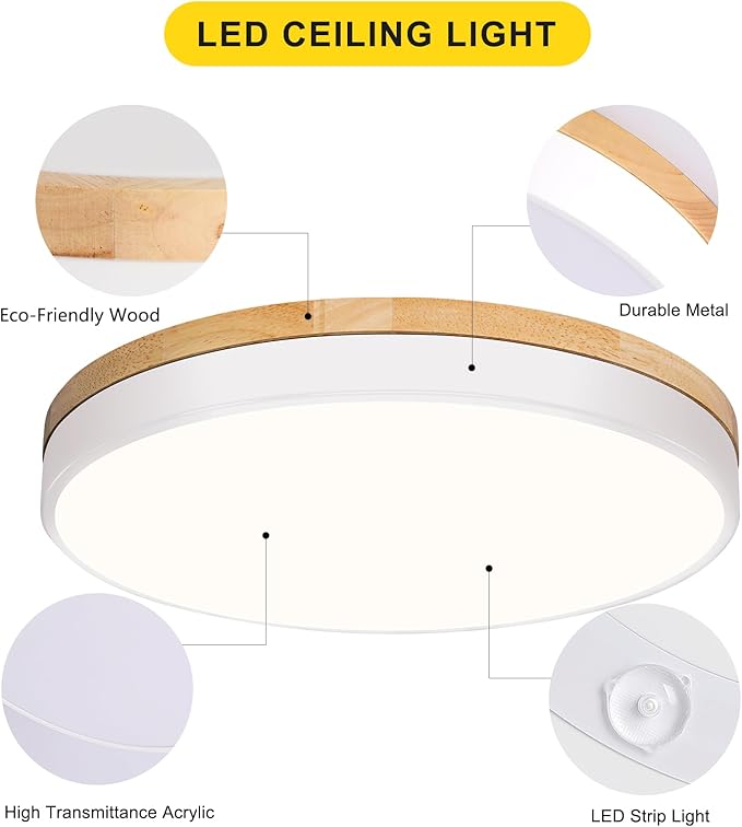Modern Wood Ceiling Light,Round LED Flush Mount Ceiling Light,Minimalist Ceiling Lamp White Ceiling Lighting Fixtures for Kitchen Bedroom Bathroom Laundry Room Living Room Hallway&11.81 in