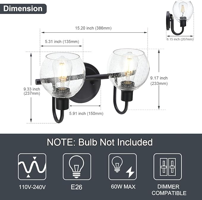 Black 2-Lights Wall Sconce Lighting with Seeded Glass Lampshades Industrial Bathroom Vanity Light Fixtures for Hallway Kitchen Bedroom