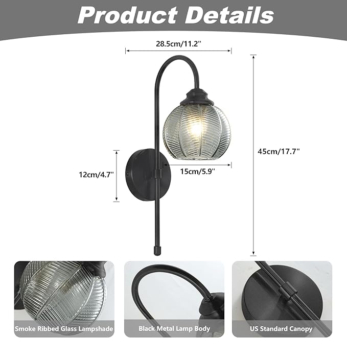 KCO Lighting Smoked Glass Wall Light Large Black Globe Wall Sconce Mid Century Modern Bathroom Vanity Light Fixture Black Long Wall Sconce Farmhouse Hardwire Wall Sconce