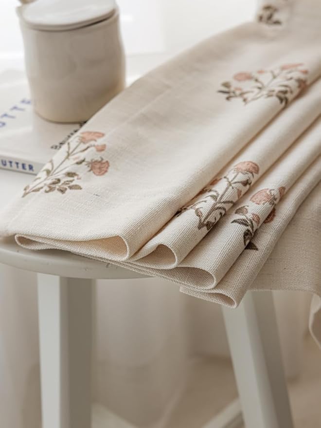 Linen Blend Pinch Pleated Curtains for Living Room, Bedroom and Dining Room - Light Filtering Curtains 1 Panel - Luxury and Modern Floral Printed Design - Beige White, 52" W x 96" L