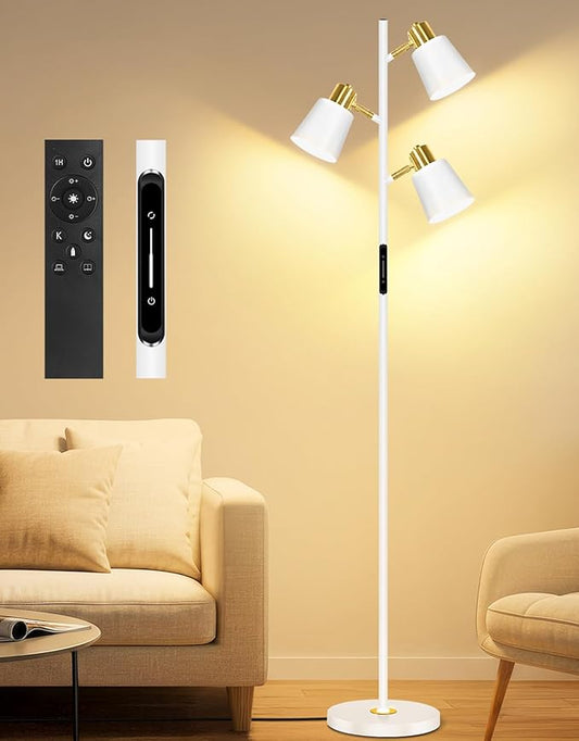 OUTON LED Tree Floor Lamp, Modern Dimmable Standing Lamp with Remote & Touch Control, 4 Color Temperatures, 3 Rotatable Lights Floor Lamps for Living Room, Bedroom, Office, White & Gold