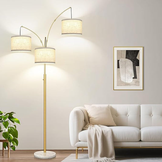 Dimmable Floor Lamp - 3 Lights Gold Arc Floor Lamps for Living Room, 1000LM Modern Tall Standing Lamp with White Shade&Marble Base, Mid Century Tree Floor Lamp for Bedroom Office, 3 LED Bulbs Included