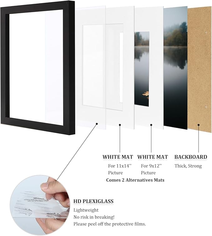 Egofine 12x16 Picture Frame Black Covered by Plexiglass Made of Solid Wood, Display Pictures 9x12 and 11x14 with Mat or 12x16 Without Mat for Wall Mounting Photo Frame