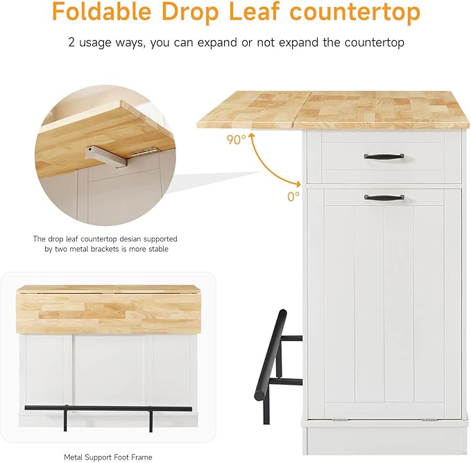Stationary Kitchen Islands Include 2 Chairs, 47" Kitchen Island with Drop Leaf, Home Bar Table with Spice Rack & with Trash Cabinet, Island Table for Dining Room with Power Outlet, White