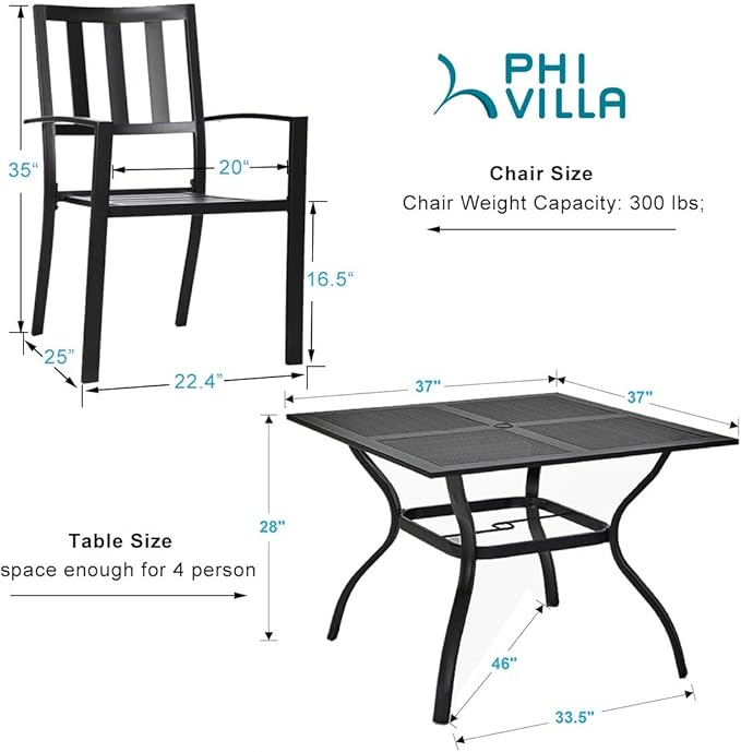 PHI VILLA 5 Pieces Outdoor Dining Set for 4, Metal Steel Square Table with Umbrella Hole & Stackable Black Wrought Iron Chairs, Heavy-Duty Dining Furniture for Patio, Deck, Backyard, Porch