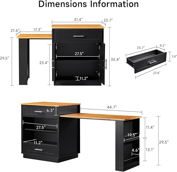76" Kitchen Islands with Extendable Dining Table, 2-6 Island Table for Kitchen, Mobile Kitchen Table with Double-Side Storage, Kitchen Island on Wheels with Power Outlet & Spice Rack, Black