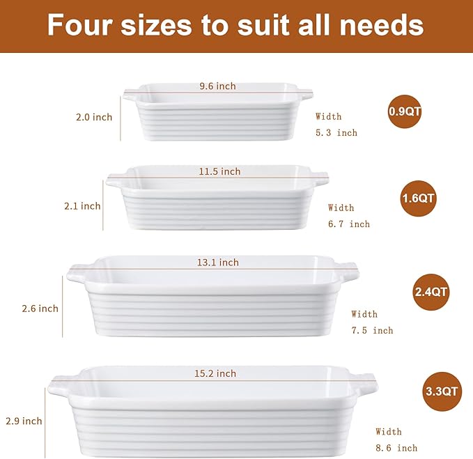 Jassceram Casserole Dishes for Oven, 4-Piece Porcelain Baking Dish, Rectangular Ceramic Bakeware Sets with Handles, Deep Lasagna Pan for Baking, 9.6" to 15.2", Nesting Design, Oven Safe, White