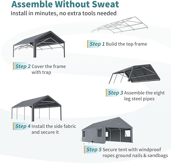13x25FT Heavy Duty Carport Canopy,Extra Large Portable Car Tent Garage with Roll-up Windows and All-Season Tarp Cover,Removable Roof&Side Walls for Car,SUV,Boats&Truck Shelter Logic Storage
