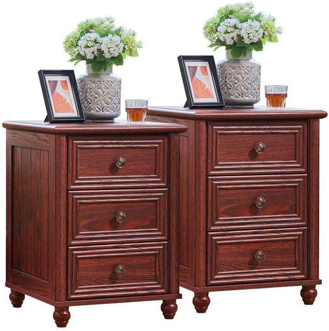 18" Farmhouse Night Stand Set of 2, Red Oak Wood Nightstand with 3 Drawers, Bedside End Table with Storage and Roman Column, Bed Side Tables Cabinet for Bedroom, Living Room, and Closet