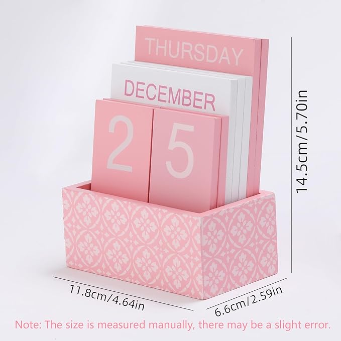 Wooden Block Perpetual Calendar for Desk, Cute Desk Accessories Pink, Flip Calendar for Office Classroom Preppy Room Decor