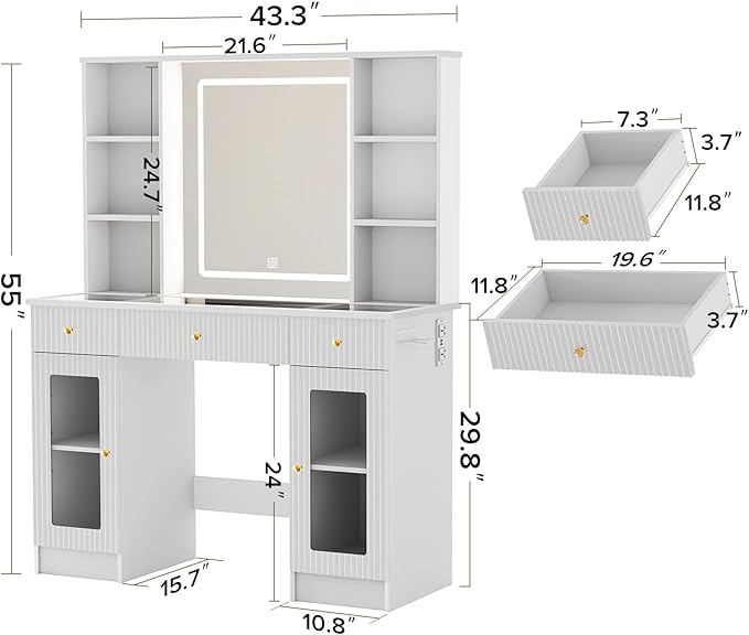 Vanity Desk with Mirror and Lights, Modern Makeup Vanity with Glass Top, Fluted Dressing Table Vanity Set with 3 Drawers, 4 Open Shelves, and Storage Cabinets for Bedroom, 3 Color Modes
