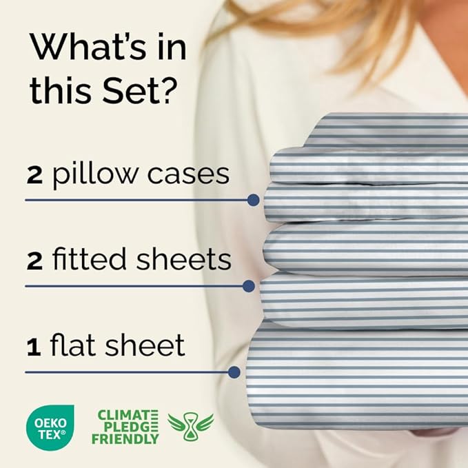 Striped Sheets - Blue & White Striped Sheets - 1 Flat & 2 Fitted & 2 Pillowcases w/ Deep Pockets – Wrinkle & Fade Free - Soft, Breathable and Cooling - Luxury Pinstripe Bedding - Split King Size Set