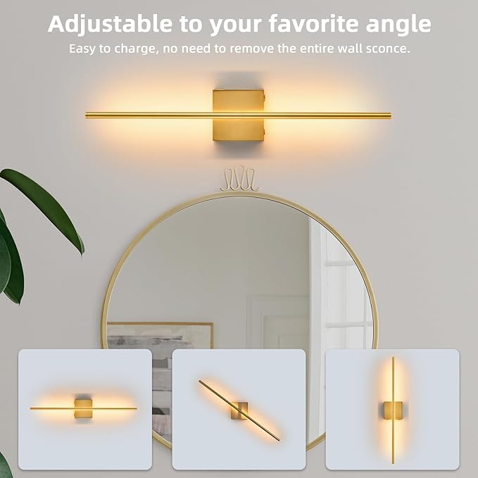 Battery Operated Wall Sconces set of 2, 16000mAh Brushed Gold Rechargeable Wall Sconce with Remote Control, 3000K-6000K Dimmable LED Wireless Wall Light for Living Room Hallway Bedroom Stairs 29 Inchs