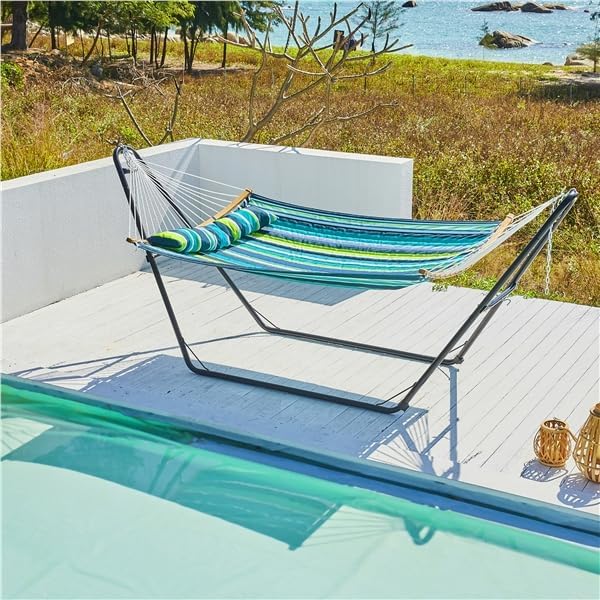 Yaheetech Hammock with Stand Set, 2-3 People Heavy Duty Hammock with Frame & Removable Pillow for Outdoor & Indoor, Max.Weight Capacity 475LB - Green Stripe