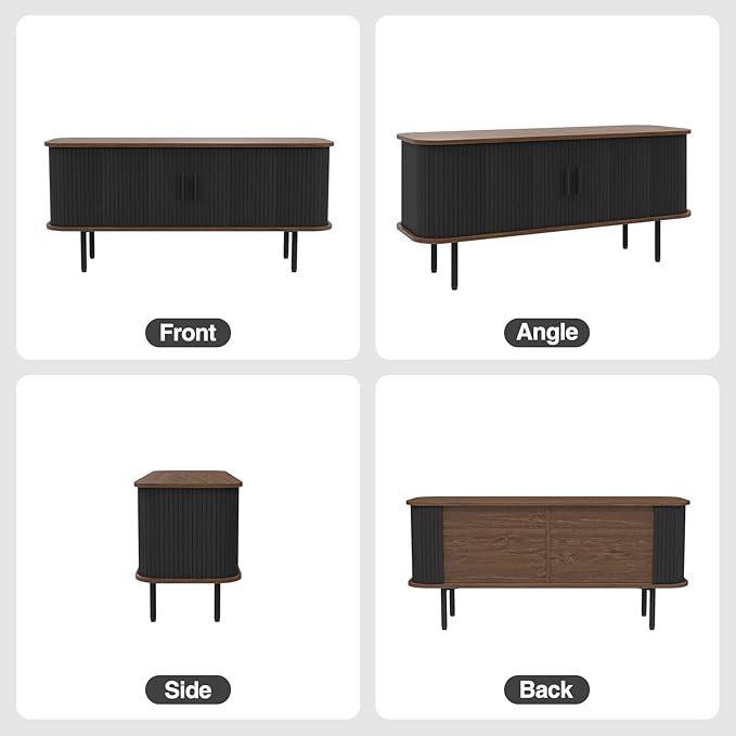 47" Modern Fluted TV Stand for TVs up to 60 Inch , Gaming Entertainment Center with Tambour Slatted Sliding Doors and Storage Cabinet, Media TV Consoles Table for Living Room, Office, Black