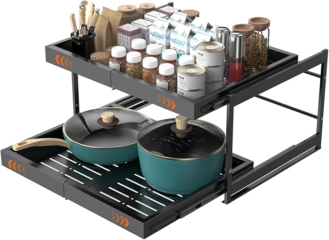 2-Tier Expandable Pull Out Cabinet Organizer, 21" Deep Heavy-Duty Slide Rail Slide Out Drawer Organizers with Adhesive Nano Film for Pots, Roll out Shelf Storage for Kitchen & Pantry Storage,White