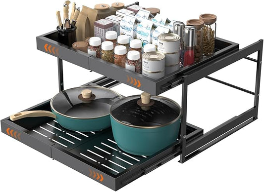 2-Tier Expandable Pull Out Cabinet Organizer, 21" Deep Heavy-Duty Slide Rail Slide Out Drawer Organizers with Adhesive Nano Film for Pots, Roll out Shelf Storage for Kitchen & Pantry Storage,White