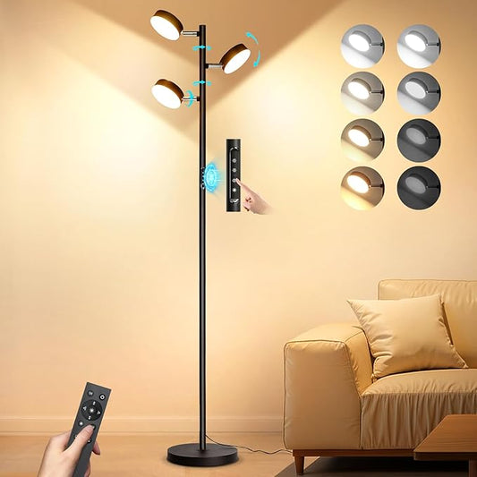 Tree Floor Lamp for Living Room - Modern Black Standing Lamp, LED Floor Light with Remote & Touch, 3000K-6000K Dimmable for Bedroom Office Reading (3 Head)