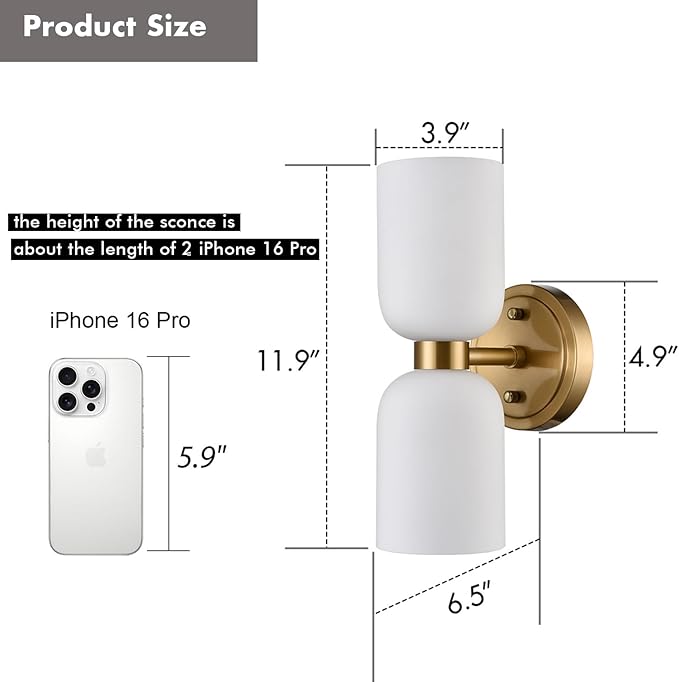 CLAXY Modern Gold Bathroom Vanity Milky Glass Wall Sconce Bathroom Light Fixtures with 2-Light Dimmable