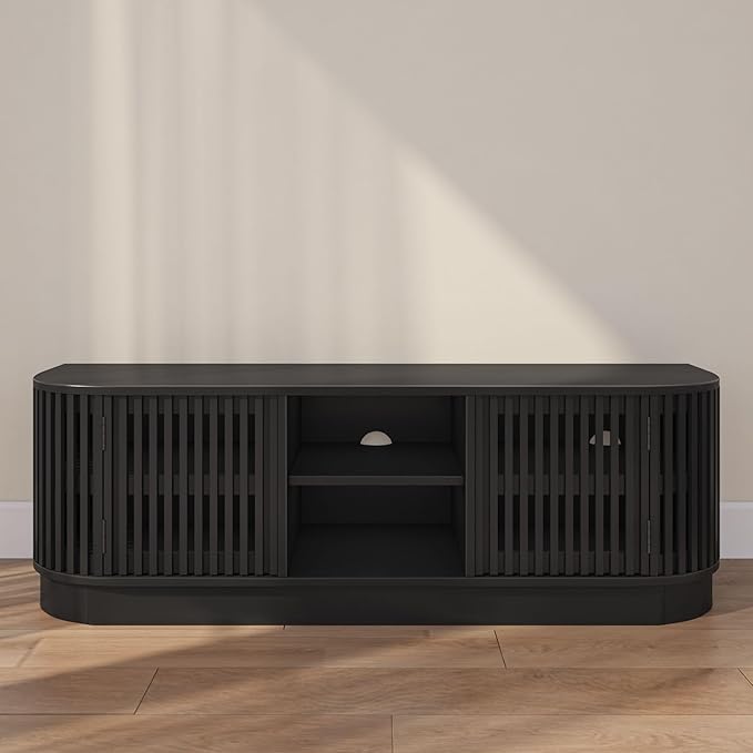 Plank+Beam Contour Wood TV Stand, Solid Wood Entertainment Console with Storage, 59" L x 16" W x 19" H, Black