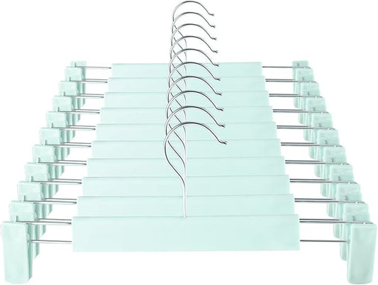 Clothes Pants Hangers, Space-Saving Skirt Holders with 360 ° Swivel Hooks, Adjustable Clips, Trouser Hangers, Clothes Coat Garment Jeans Hangers (10 Pack, Green)