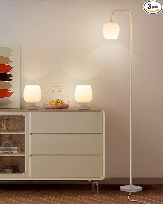 ONEWISH Lamp Set of 3 - Touch Bedside Table Lamps Set of 2 and 1 Floor Lamp, Modern Lamps for Bedroom Living Room Nightstand, White Opal Glass Lamp Shade, LED Bulbs Included Simple Design