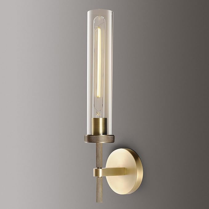 Modern Brass Wall Sconces, Glass Tube Sconces, Gold Bathroom Vanity Light Fixtures, Indoor Wall Sconces for Living Room Bedroom Hallway Kitchen Bathroom Mirror(Including Bulb)