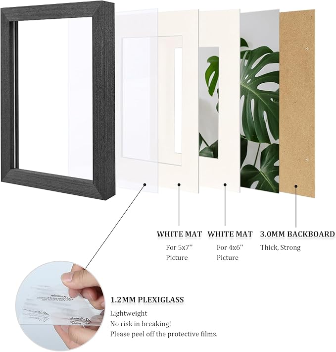Egofine 6x8 Picture Frame Made of Solid Wood with Plexiglass, Display Pictures 4x6/5x7 with Mat or 6x8 Without Mat for Tabletop and Wall Mounting, Rustic Black