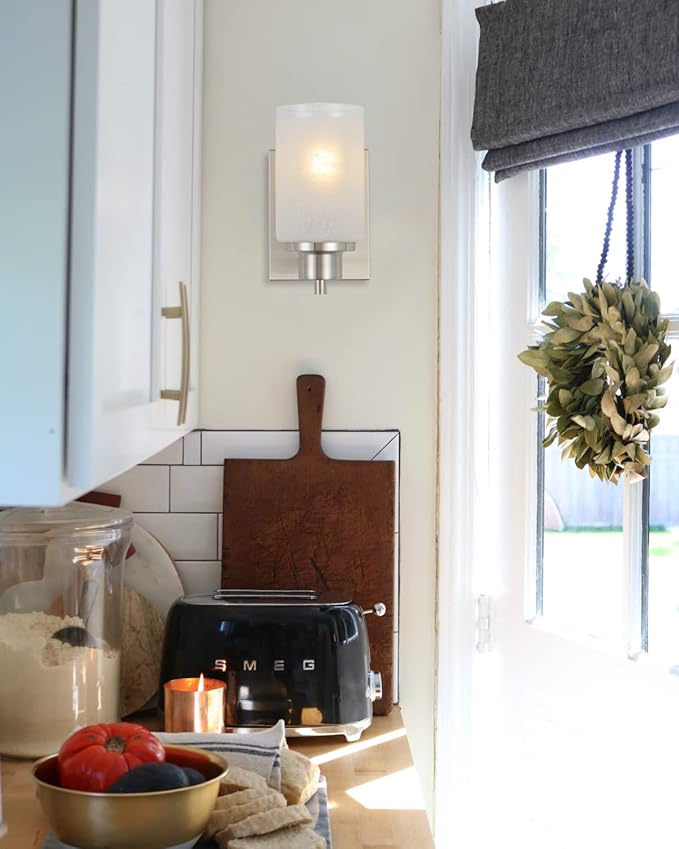 3 Pack Bath Vanity Light Fixture, Modern Indoor Wall Scone Lighting White Linen Frosted Glass Shades with Brush Nickle Finish Wall Lamps for Bathroom Kitchen Entryway Bedside