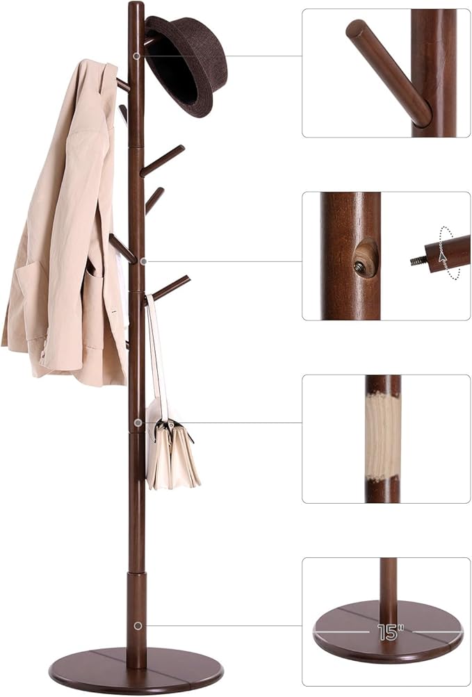 VASAGLE Solid Wood Coat Rack, Free Standing Hall Coat Tree with 8 Hooks, 3 Height Options, for Coats, Hats, Bags, Purses, for Entryway, Hallway, Rubberwood Hooks and Pole, Dark Walnut URCR009W01