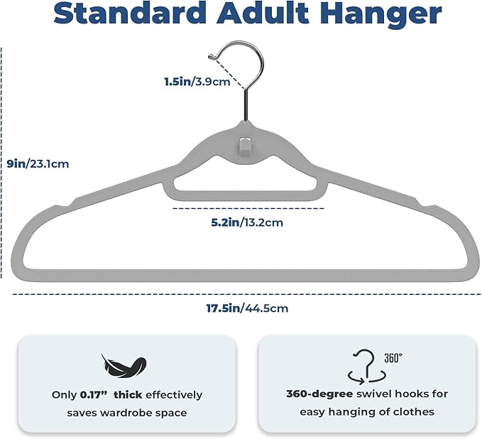 Grey Velvet Hangers 50 Pack, Felt Covered Non Slip Fabric with Stackable Cascading Hook, Ultra Thin and Space Saving with 360° Swivel Neck, 15Lbs Capacity for Clothes, Suit, Shirt, Coat