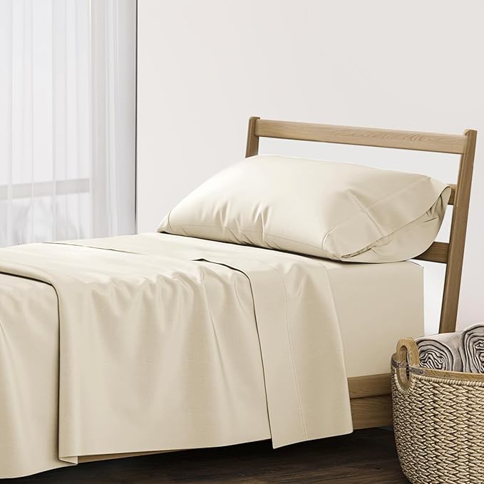 XOOX Linen 100% Cotton Twin Sheets Set - 500 Thread Count Cotton Sheets Twin Size, Extra Soft, Sateen Weave, Cooling Deep Pocket Bed Sheet for Dorm Room, Luxury Hotel Quality Bedding (3 PC, Ivory)