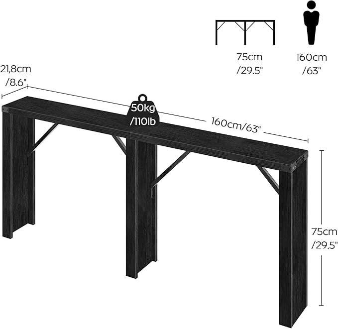 Console Table, 63" Long Behind Couch Sofa Table, Entryway Table, Farmhouse Console Table for Narrow Spaces, Hallway, Living Room, Black CT30BB
