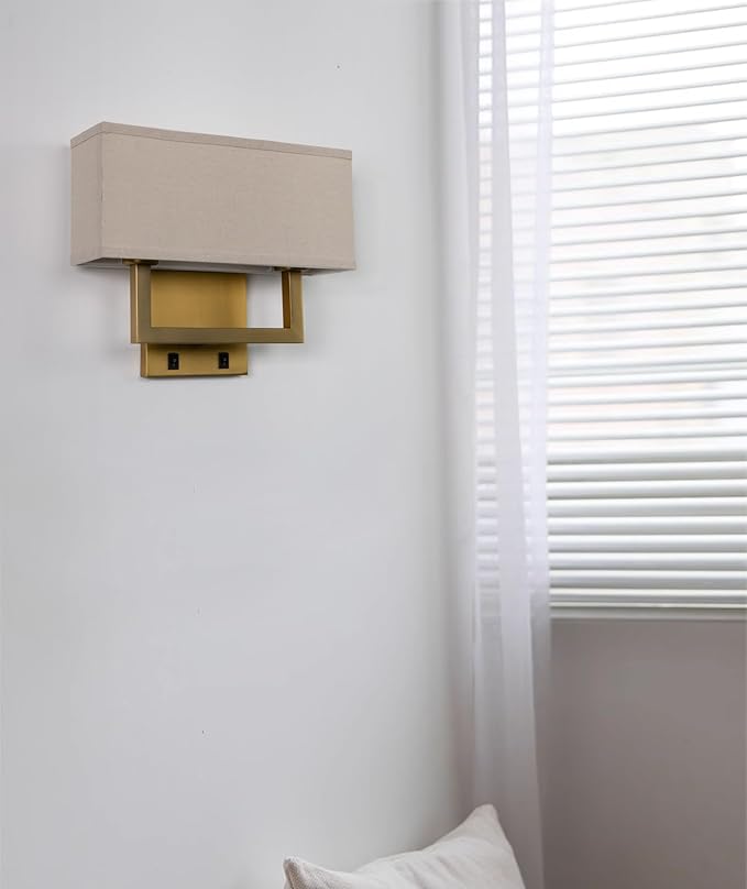 Yosoan Linen Fabric Boho Wall Sconce Bedside Light with On Off Switch, 2-Light Brass Finished Hardwired Vintage Industrial Dual Wall Mount Lamp Square Shade for Bedroom Living Room Stairwell(Antique)