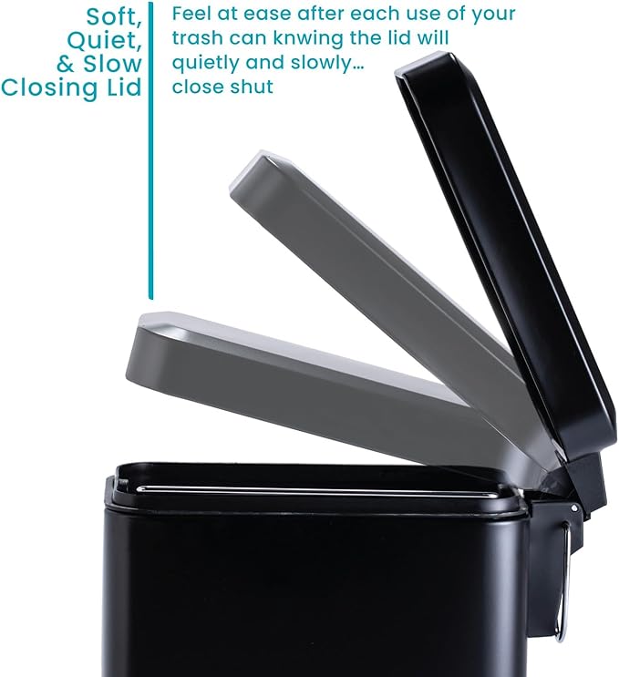 Home Zone Living 2-Pack 1.3 Gallon Small Black Bathroom Trash Can with Lid and Step Pedal, Stainless Steel Wastebasket with Slim Design for Home and Office, 5 Liters