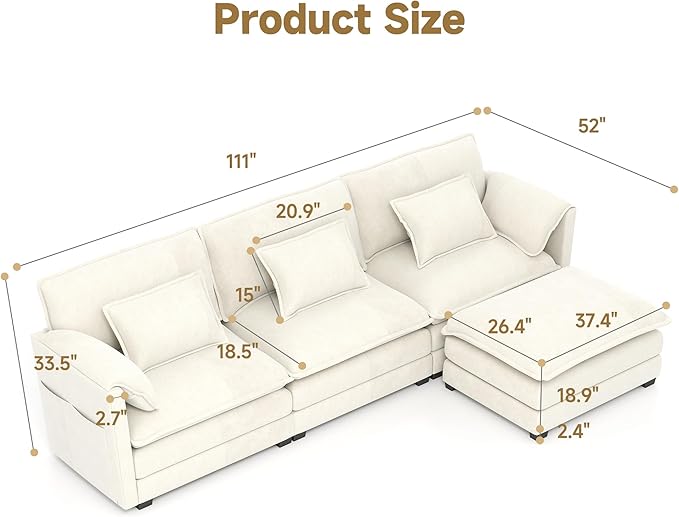 Real Relax 111'' Modular Sectional Sofa, L Shaped Chenille Convertible Couch with Movable Ottoman, 6 Pillows and 2 Armrest Pillows for Living Room, Office and Leisure Places, Beige