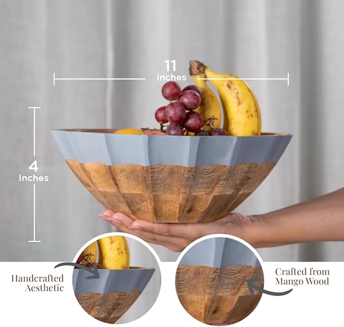 Folkulture Natural Wave Salad Bowl | 11” Large Mango Wood Serving Bowl with Dual Ribbed Design | Wooden Bowl for Salad, Fruit & Pasta | Kitchen Island & Dining Table Décor
