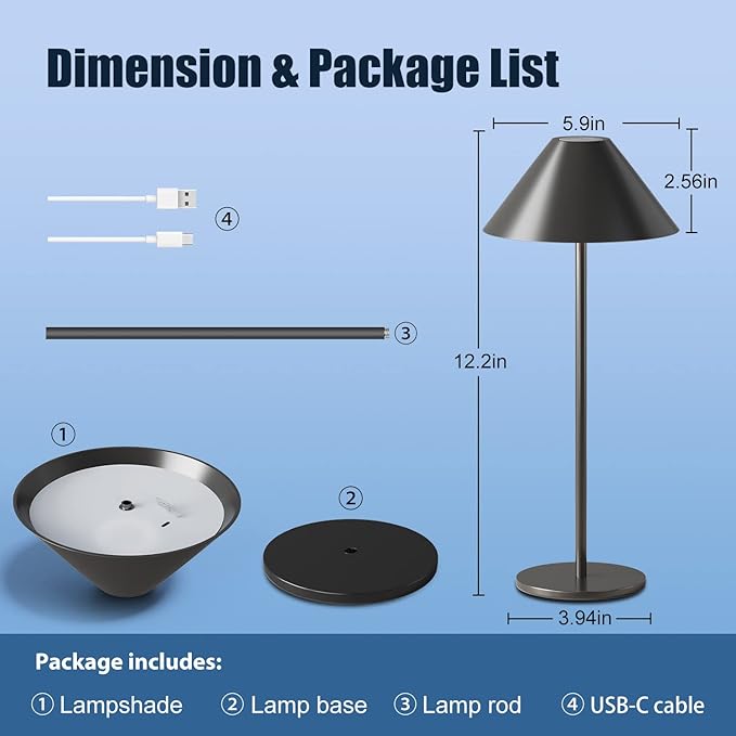 Modern LED Rechargeable Cordless Table Lamp, IP54 Waterproof, Dimmable Battery Operated Lamp, 4000mAh Certified Battery, 3000K Portable Bedside Lamp, Pack of 2 (Black)