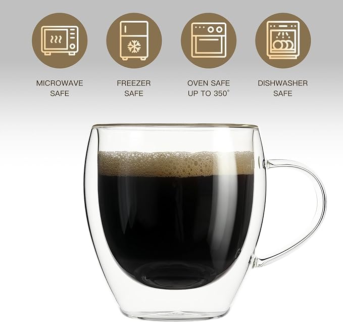 Aurzen 2 Pack Double Walled Glass Coffee Mugs with Handles 8.5oz, Large Insulated Layer Coffee Cups, Clear Borosilicate Mugs, Perfect for Cappuccino, Tea, Microwave Safe (8.5oz-2Pack)
