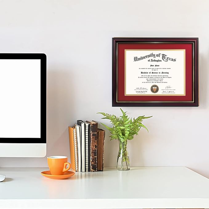 GraduationMall 8.5x11 Diploma Frame with Red over Gold Mat or Display 11x14 Certificate without Mat,Solid Wood & UV Protection Acrylic,Cherry Finish with Gold Trim,2 Pack