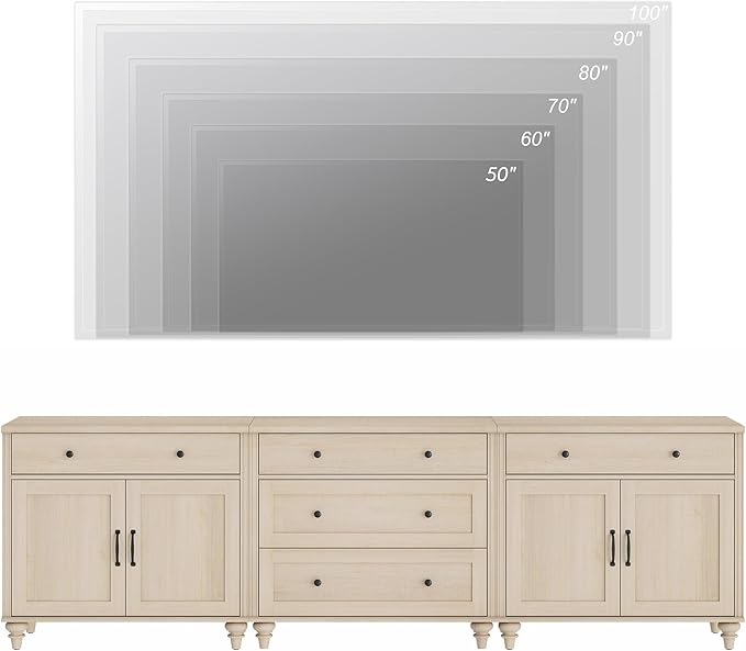 WAMPAT Farmhouse TV Stand for 100 Inch TV, TV Console Table with 5 Drawers, Entertainment Center for 75/80/85/90 Inch TV, Kitchen Sideboard Buffet Cabinet for Dining Room & Living Room, Light Beige