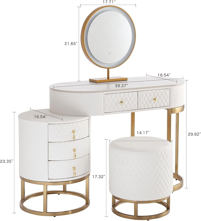 Faux Leather Makeup Vanity Desk Set with LED Lighted Mirror Luxury Dressing Makeup Table with Storage Drawers & Vanity Stool, White
