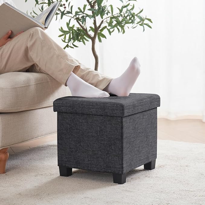 Ornavo Home 15 Inch Folding Storage Ottoman with Storage, Square Cube Linen Small Storage Ottoman Foot Rest Stool with Legs - Dark Gray