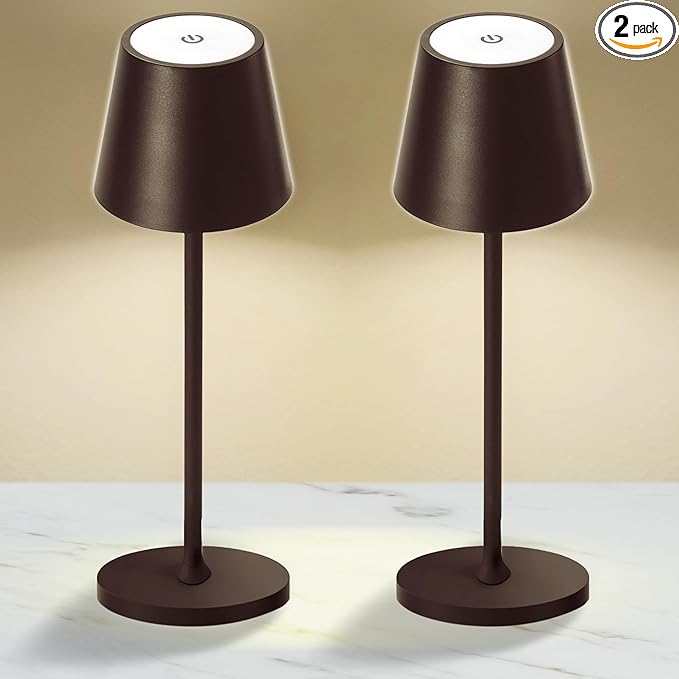 2 Pack Cordless Table Lamp,Portable LED Desk Lamp, 5200mAh Battery Operated, 3 Color Stepless Dimming Up, for Restaurant, Bedroom, Bars, Outdoor Party, Camping, Coffee Shop Night Light Coffee