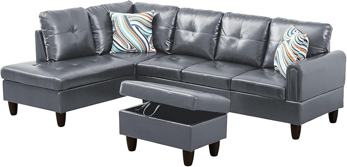 L-Shape 3-Piece Cloud Sofa, Couch for Living Room, Dark Grey Faux Leather L-Shape with Reversible Chaise & Storage Ottoman, Ergonomic 110–115° Recline, Solid-Wood Frame